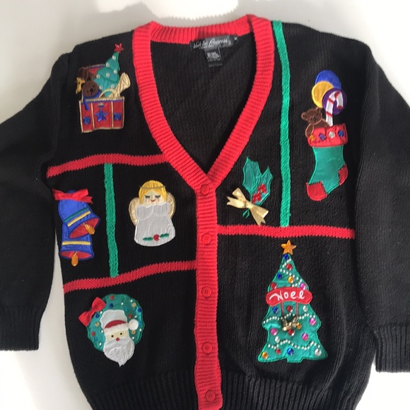 Christmas Sweater medium Tree Angel Santa GLadys Bagley Work in Progress ugly - Picture 1 of 8